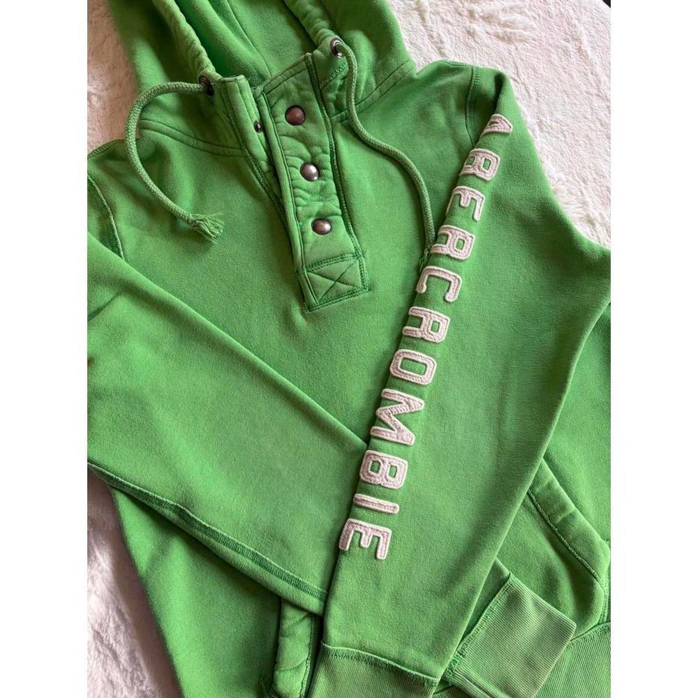 Vintage Abercrombie & Fitch Snap Neck Hoodie Green Logo Sleeve Men’s Medium